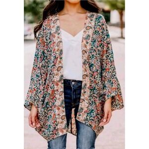 Entro Boho Paisley Floral Kimono L Dolman Batwing Festival Western Layer Flowy
